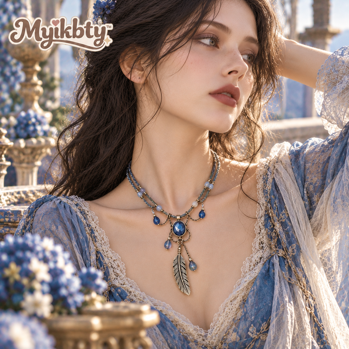 Myikbty™ Azura Deep-Blue Stone Feather Pendant Necklace