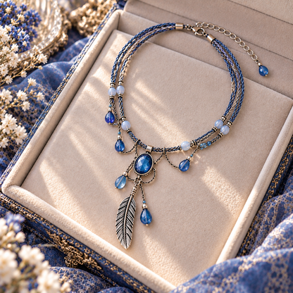 Myikbty™ Azura Deep-Blue Stone Feather Pendant Necklace