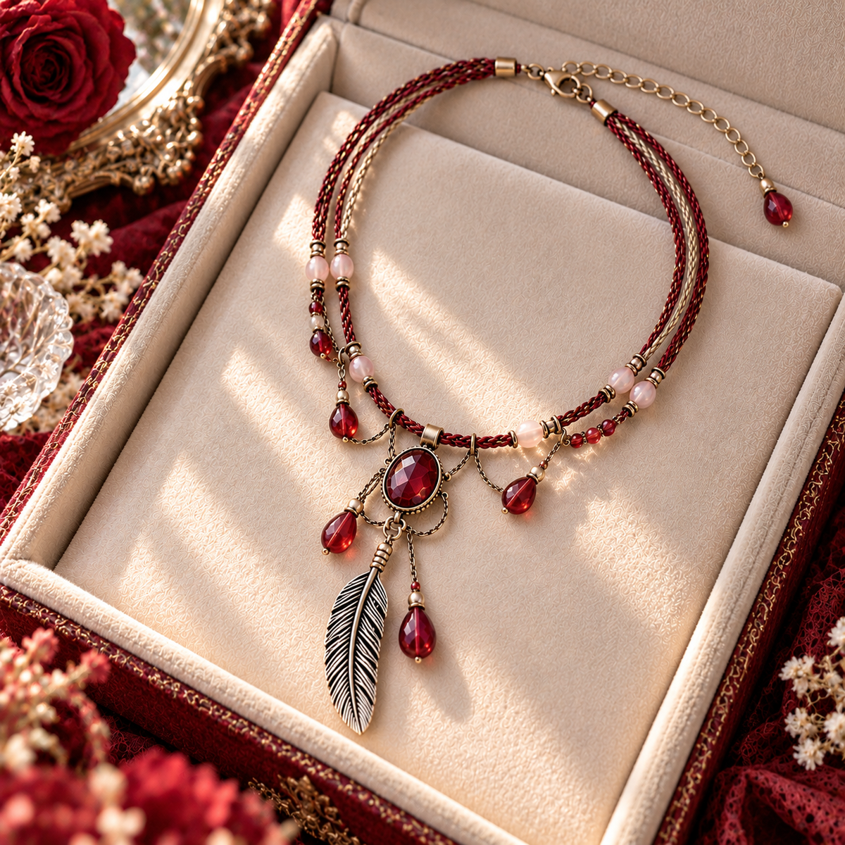 Myikbty™ Ember Rouge Red-Stone Feather Pendant Necklace