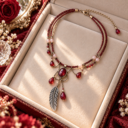 Myikbty™ Ember Rouge Red-Stone Feather Pendant Necklace