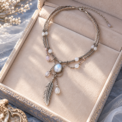 Myikbty™ Lunelle Moonstone-Inspired Feather Pendant Necklace