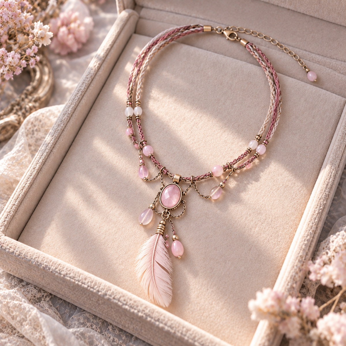 Myikbty™ Roselle Blush Quartz-Inspired Feather Pendant Necklace