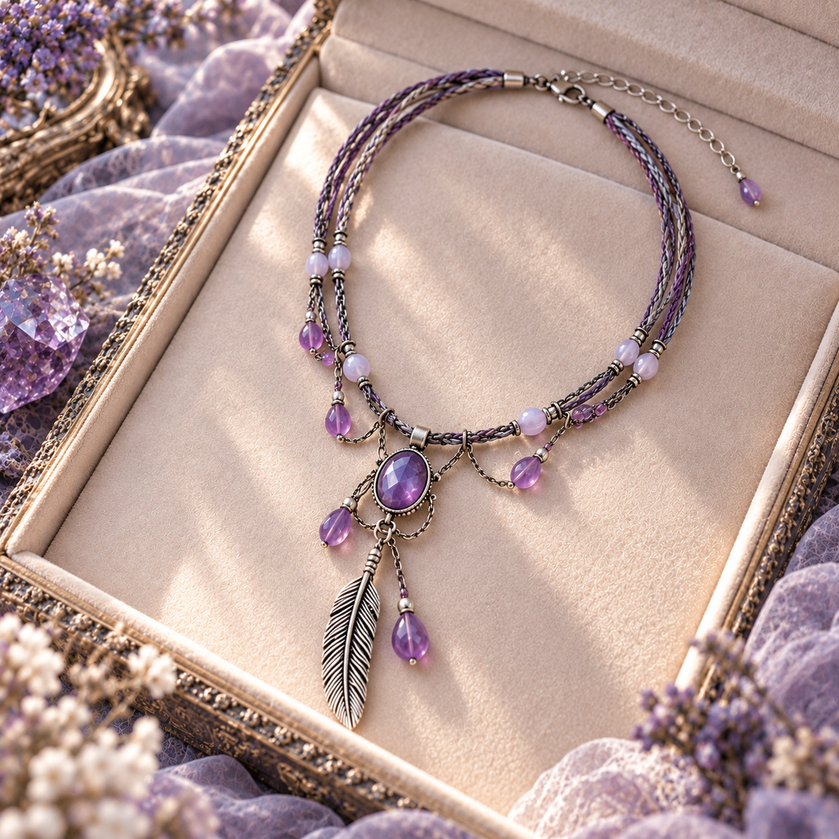 Myikbty™ Violette Amethyst-Inspired Feather Pendant Necklace