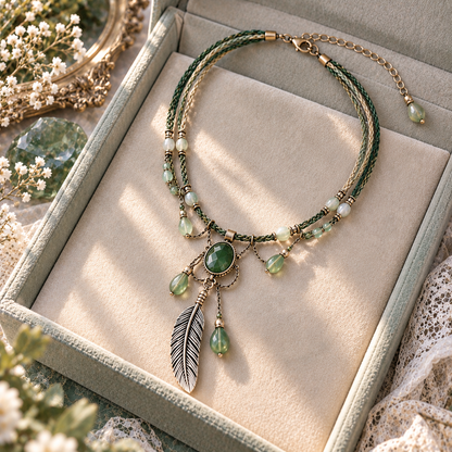 Myikbty™ Verdan Moss-Green Stone Feather Pendant Necklace